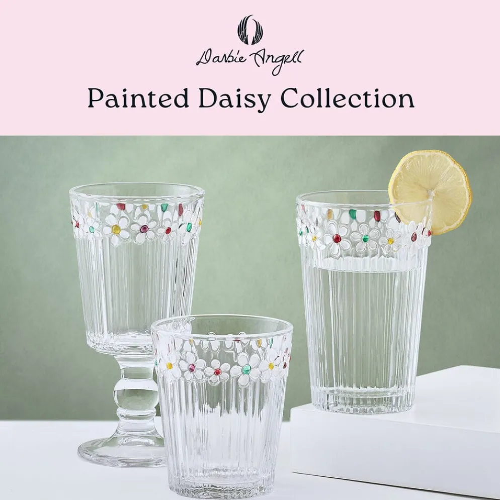Darbie Angell Painted Daisy Set of 4 Double Old Fashioned Glasses