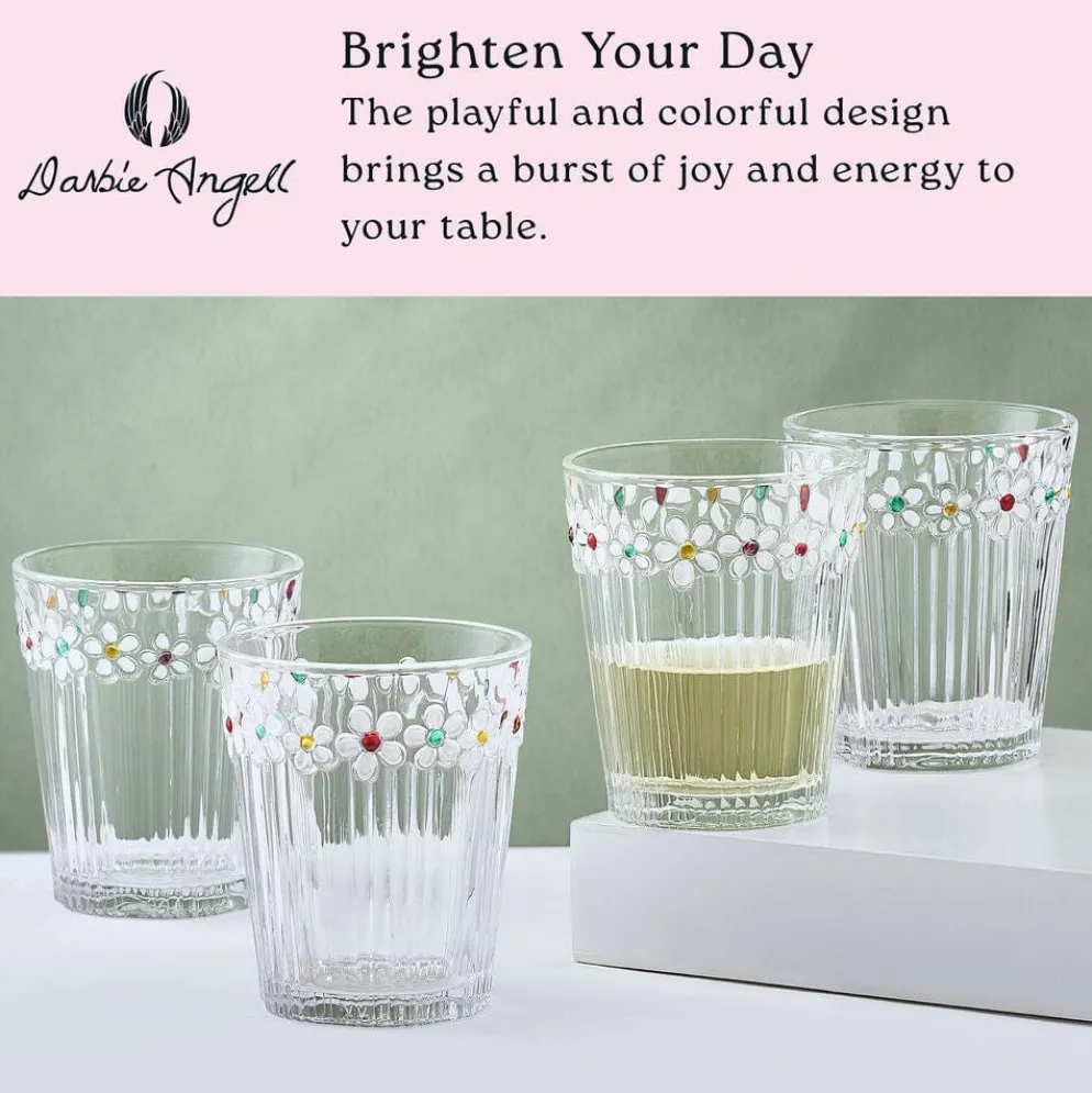 Darbie Angell Painted Daisy Set of 4 Double Old Fashioned Glasses