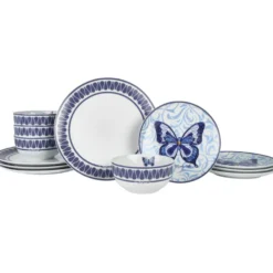 Dolly Parton Mosaic Blue Butterfly 12 Piece Dinnerware Set Service for 4