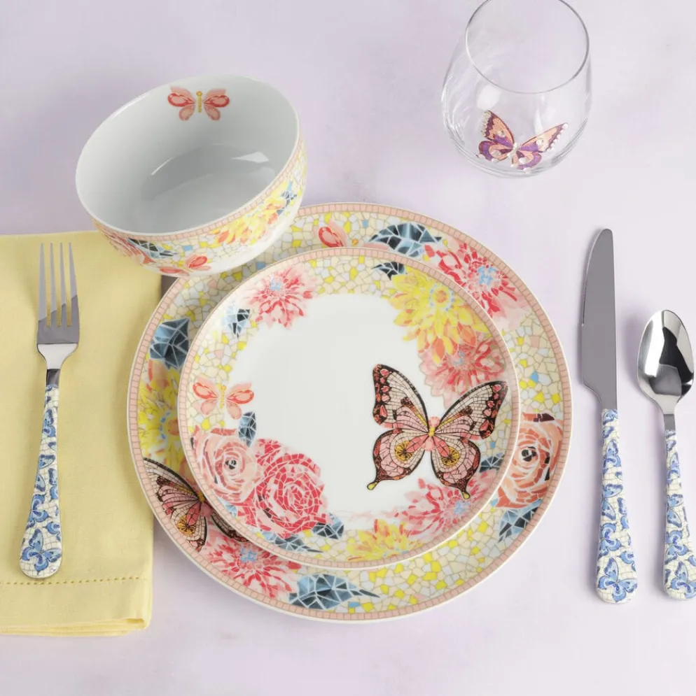 Dolly Parton Mosaic Peach Butterfly 12 Piece Dinnerware Set Service for 4