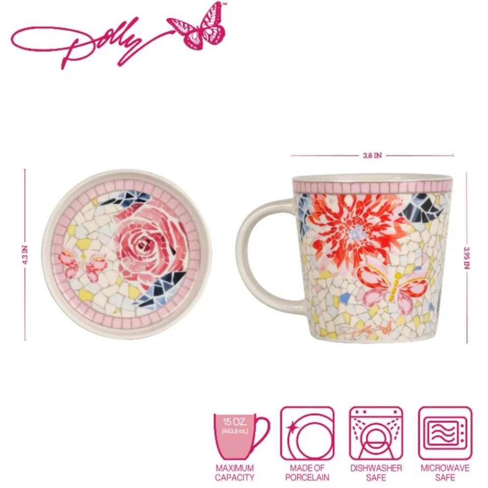 Dolly Parton Mosaic Set of 2 Mugs with Lid Coaster