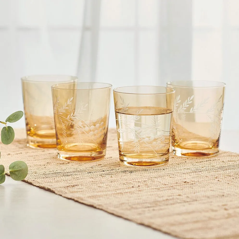 Fitz and Floyd Wildflower Double Old Fashioned Glasses Set of 4, Gold