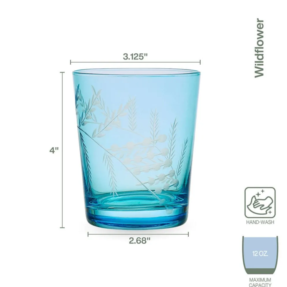 Fitz and Floyd Wildflower Double Old Fashioned Glasses Set of 4, Blue