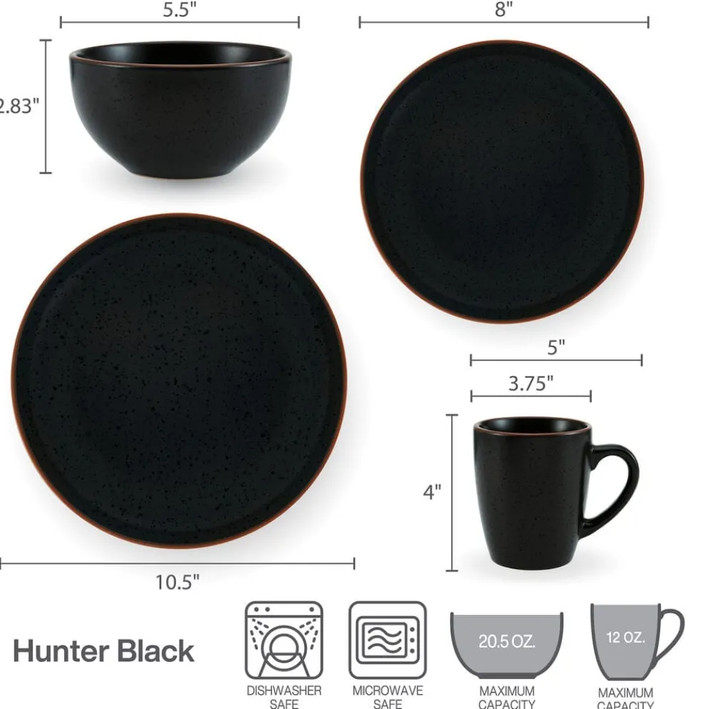 Hunter Black 16 Piece Dinnerware Set, Service for 4