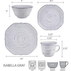 Isabella Gray 16 Piece Dinnerware Set, Service for 4