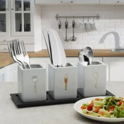 3 Piece Flatware Caddy with Wood Tray