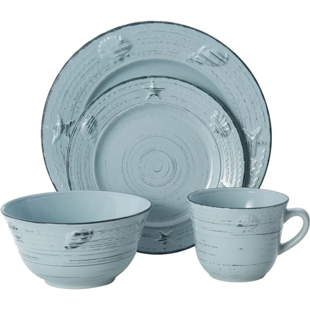 Trellis Coastal Teal 16 Piece Dinnerware Set, Service for 4