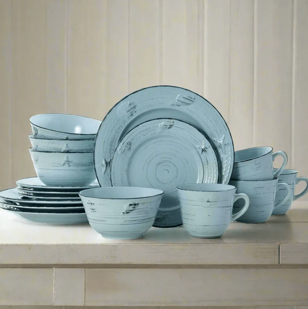 Trellis Coastal Teal 16 Piece Dinnerware Set, Service for 4