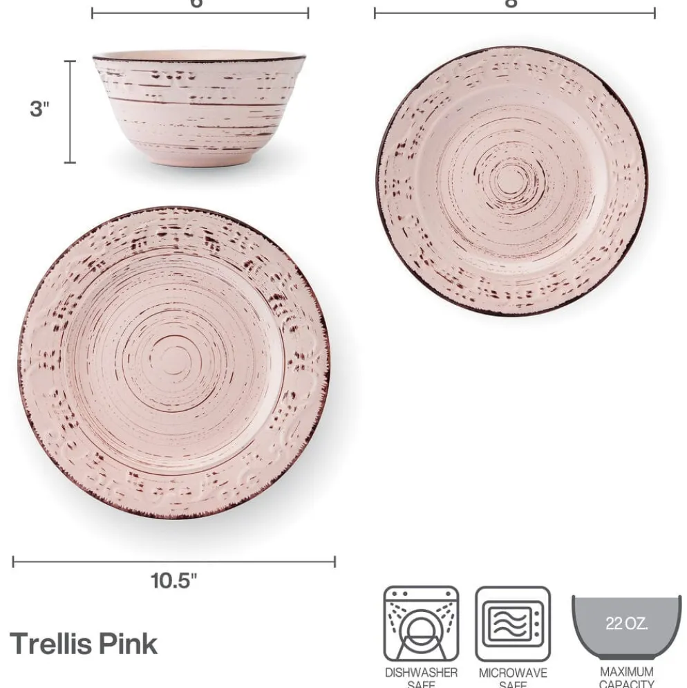 Trellis Pink 12 Piece Dinnerware Set, Service for 4