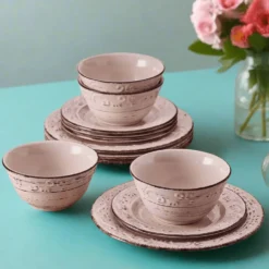 Trellis Pink 12 Piece Dinnerware Set, Service for 4