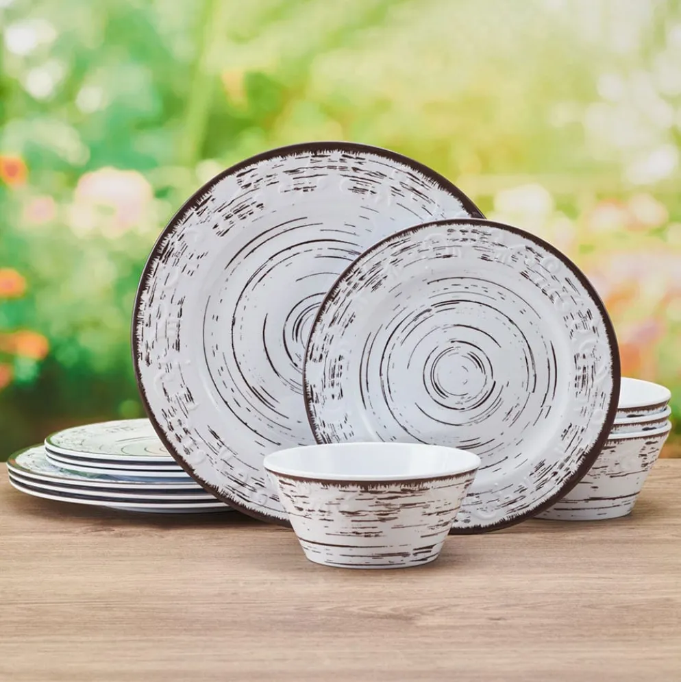 Trellis White 12 Piece Outdoor Melamine Dinnerware Set, Service for 4
