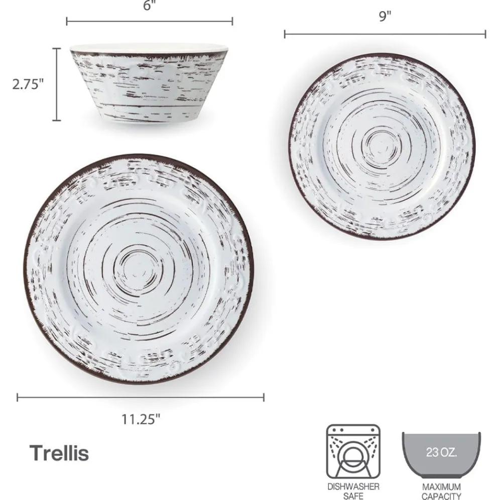 Trellis White 12 Piece Outdoor Melamine Dinnerware Set, Service for 4