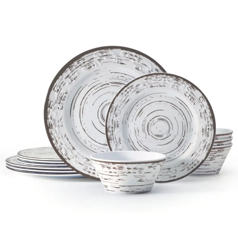 Trellis White 12 Piece Outdoor Melamine Dinnerware Set, Service for 4