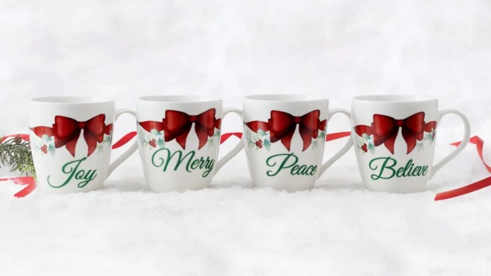 Winterberry® Set of 4 Red Ribbon Sentiment Mugs