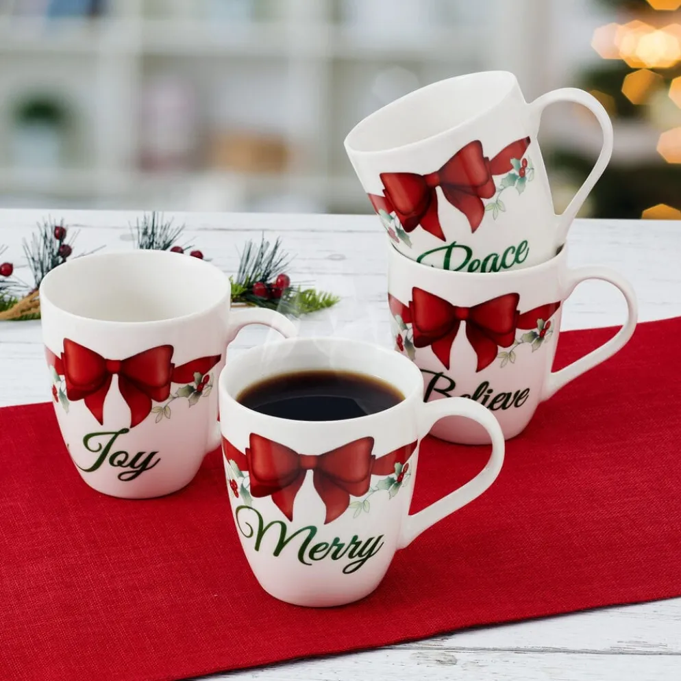 Winterberry® Set of 4 Red Ribbon Sentiment Mugs